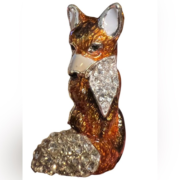 Napier NWT Beautiful Brown Gold Enamel White Rhinestone Fox Pin & Fox Decor - Picture 7 of 9